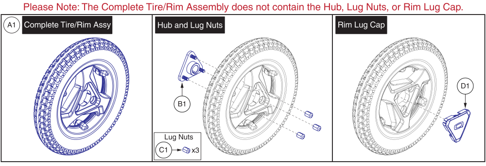 Flat-free Drive Wheel, 3-spoke Hub W/ Lug Cap parts diagram