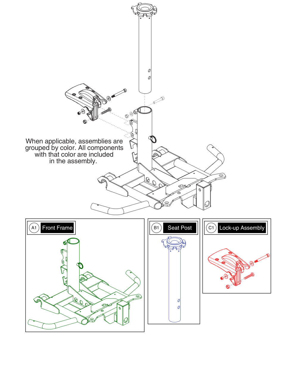 Front Frame, Seat Post & Lock-up Assy parts diagram