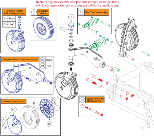 Rear Caster Assy - 8” Casters, Q6 Edge 2.0 parts diagram