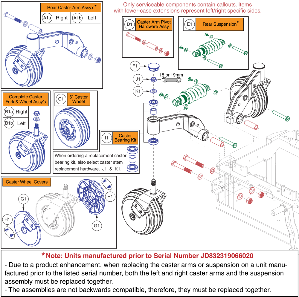 Rear Caster Assy - 6” Casters, Q6 Edge 2.0 parts diagram