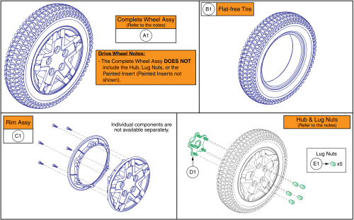 Flat-free Drive Wheel, 5 Spoke Black Rim / Black Tire, 4front 2 parts diagram