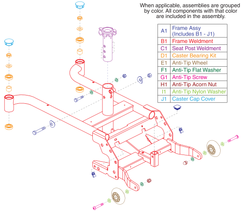 Main Frame, Seat Post, Anti-tips, Caster Bearings / Caps, Jazzy Sport 2 parts diagram
