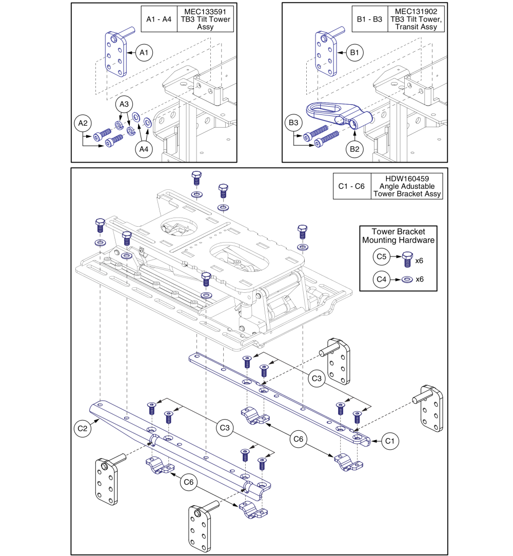 Angle Adjustable Tower Brackets & Seat Interface, J4 / J4hd parts diagram