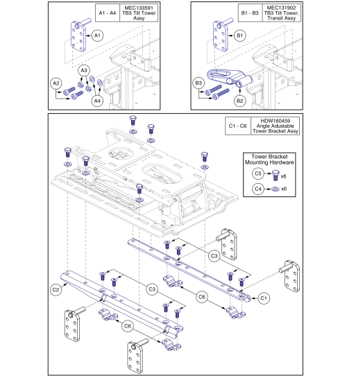 Angle Adjustable Tower Brackets & Seat Interface, J4 / J4hd parts diagram