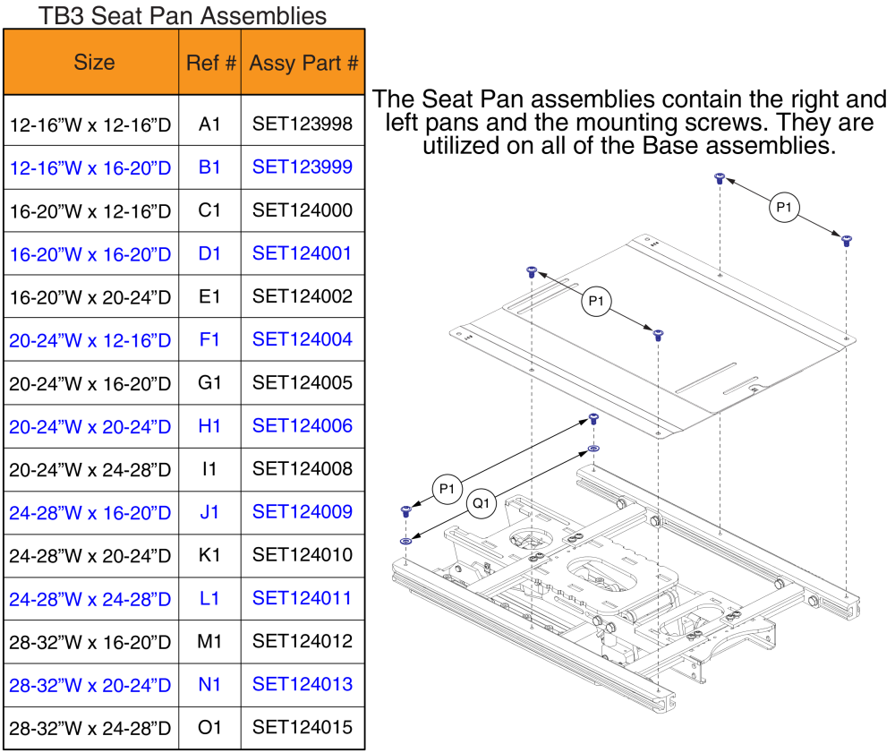 Seat Pan Matrix, Tb3 parts diagram