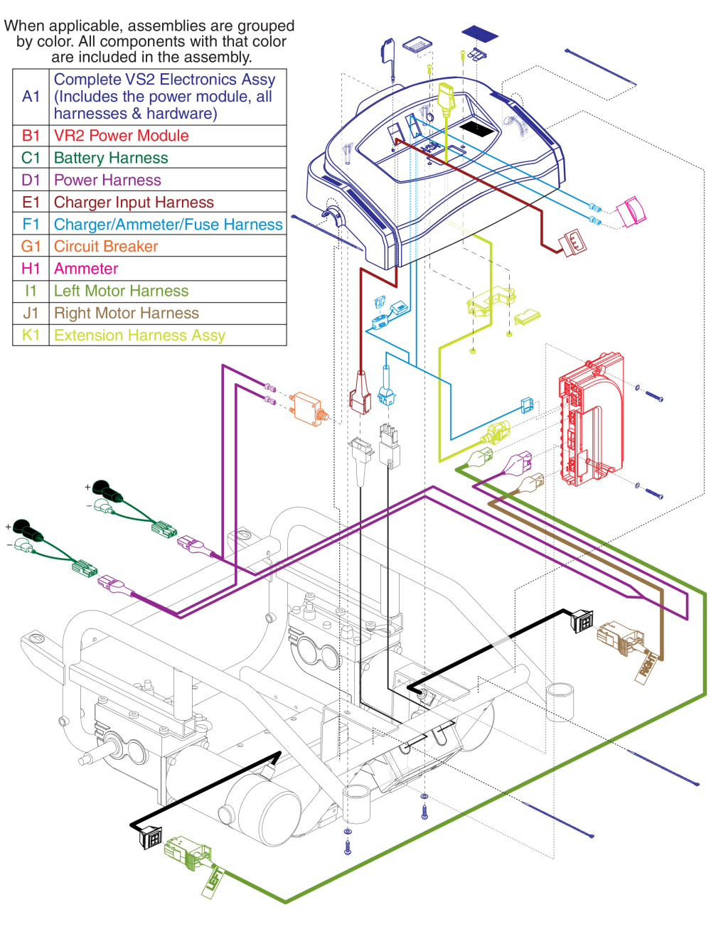 Vr2 Electronics Assy, Power Module, Harnesses, And Breaker, Jazzy Select 14 parts diagram