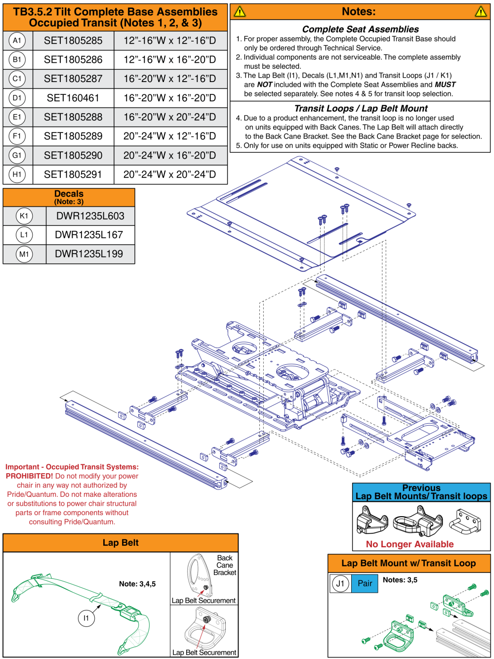 Version 2 (tb3.5) Tilt Base Complete Matrix, Occupied Transit, Tb3 parts diagram