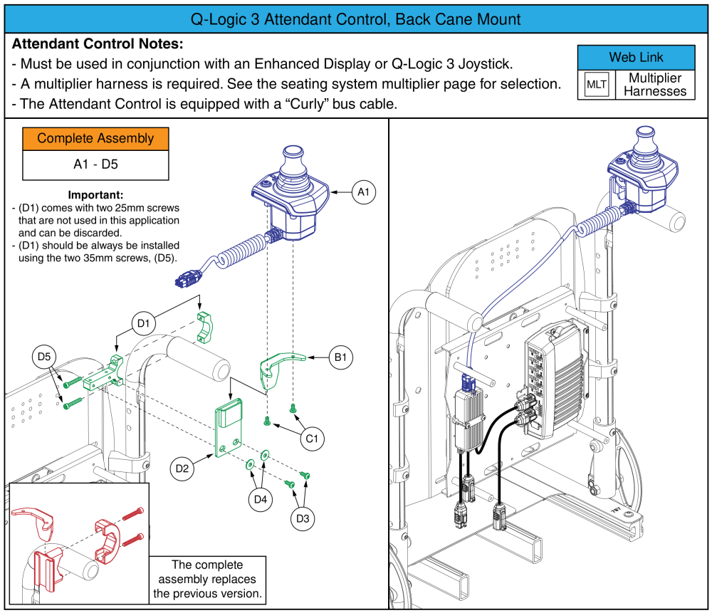 Q-logic 3 Attendant Control, Back Cane Mounted, Tru-balance 3 parts diagram