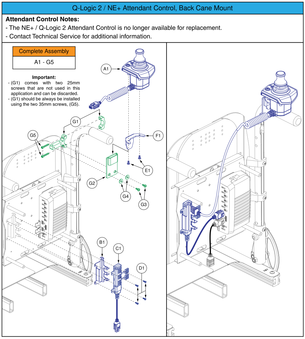 Ne+ / Q-logic 2 Attendant Control, Back Cane Mount parts diagram