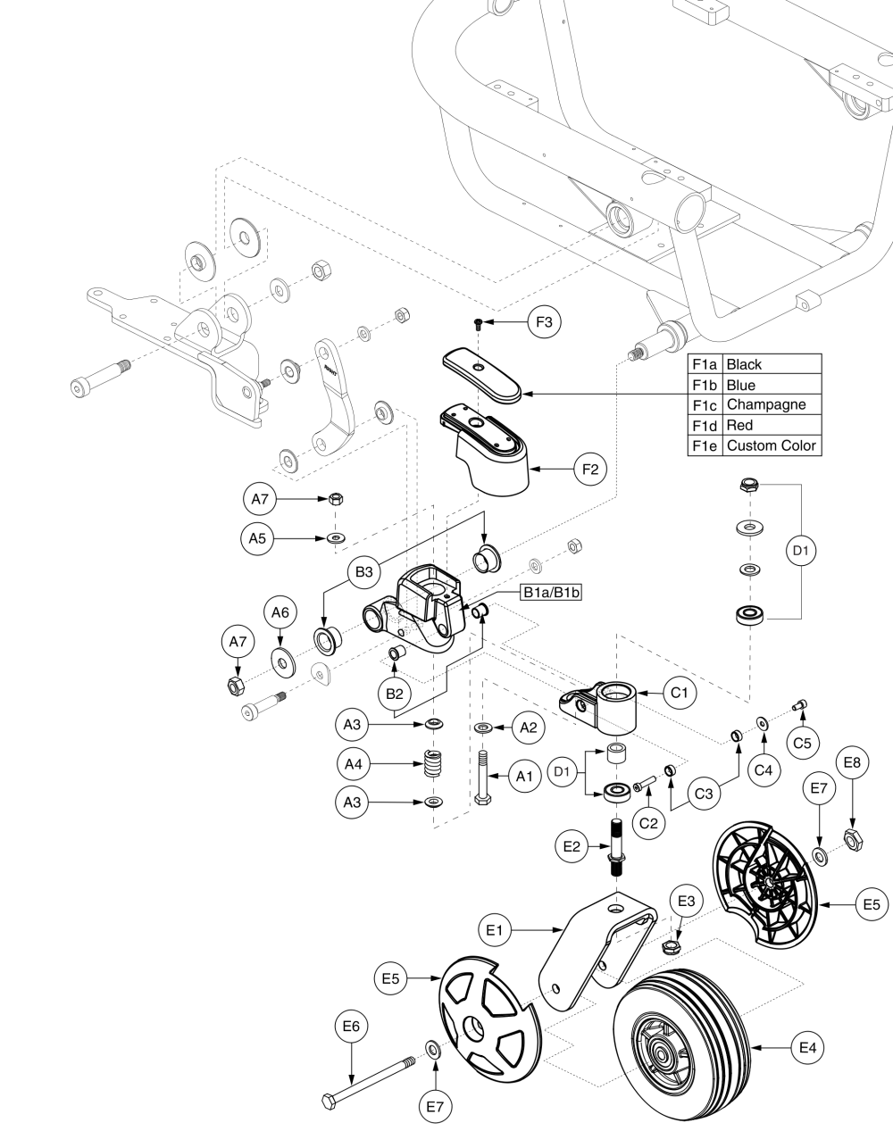Front Caster Arm, Anti-tip Assembly.  (s/n J7408607001s10 And Sub.) Jazzy 610 parts diagram