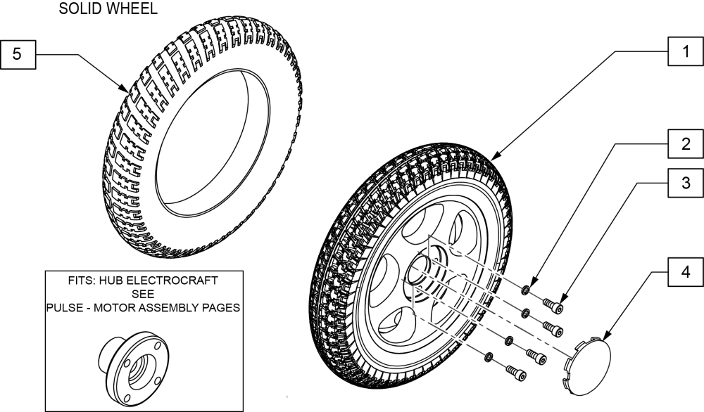 Drive Wheel Black Rim With Grey Tire 5 Spoke parts diagram