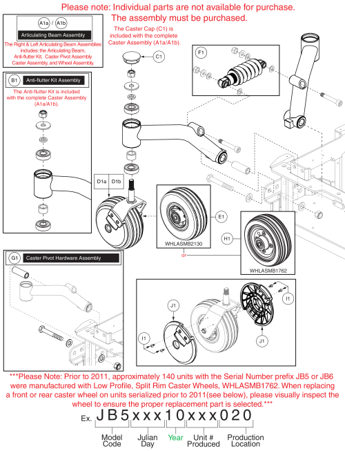 Articulating Beam Assy - Semi-independent Beam For Vent Tray, 6” Casters, Q6 Edge parts diagram