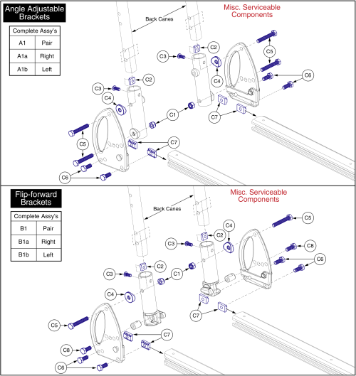 Angle Adjustable & Flip-forward Back Cane Brackets, Tb3 parts diagram