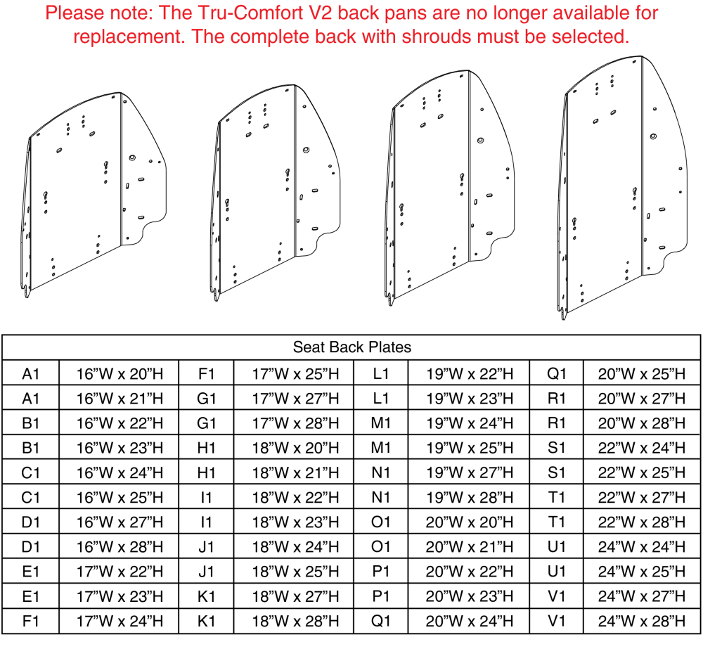 Back Pans, Tru-comfort V2 parts diagram