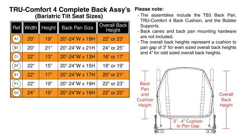 Tru-comfort 4 Back, Complete Assemblies, Bariatric Tilt Seat Sizes parts diagram