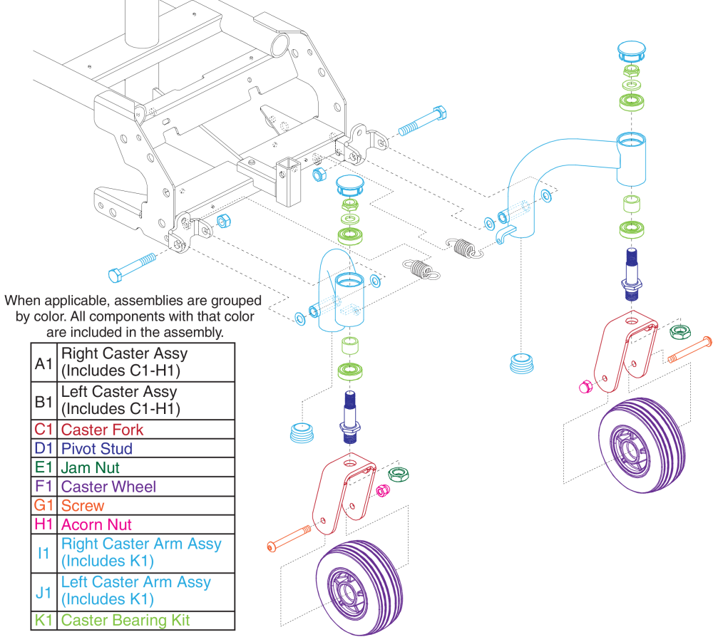 Jazzy Sport Front Caster Wheels /  Arms, Forks, Bearings, & Hardware parts diagram