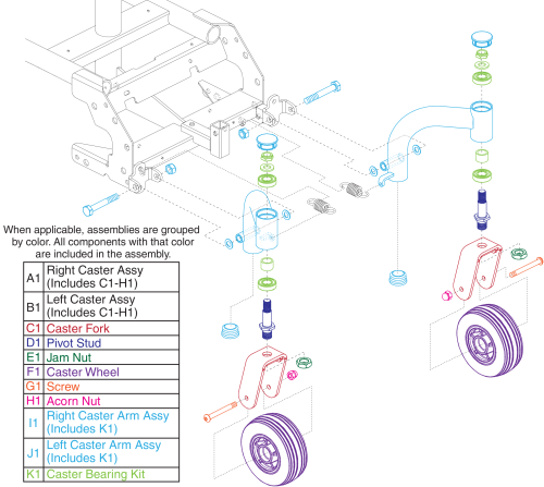 Front Caster Arms, Wheels, Forks, & Bearings, Jazzy Elite 6 parts diagram