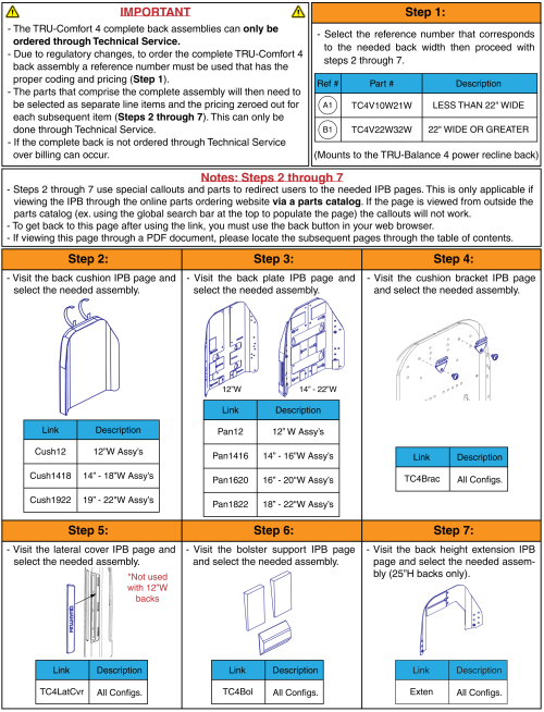 Tru-comfort 4 Complete Back Assemblies, Tru Balance® 4 parts diagram