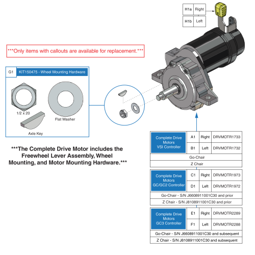 Drive Motor Assy W/ Freewheel Lever, Go-chair / Z-chair parts diagram