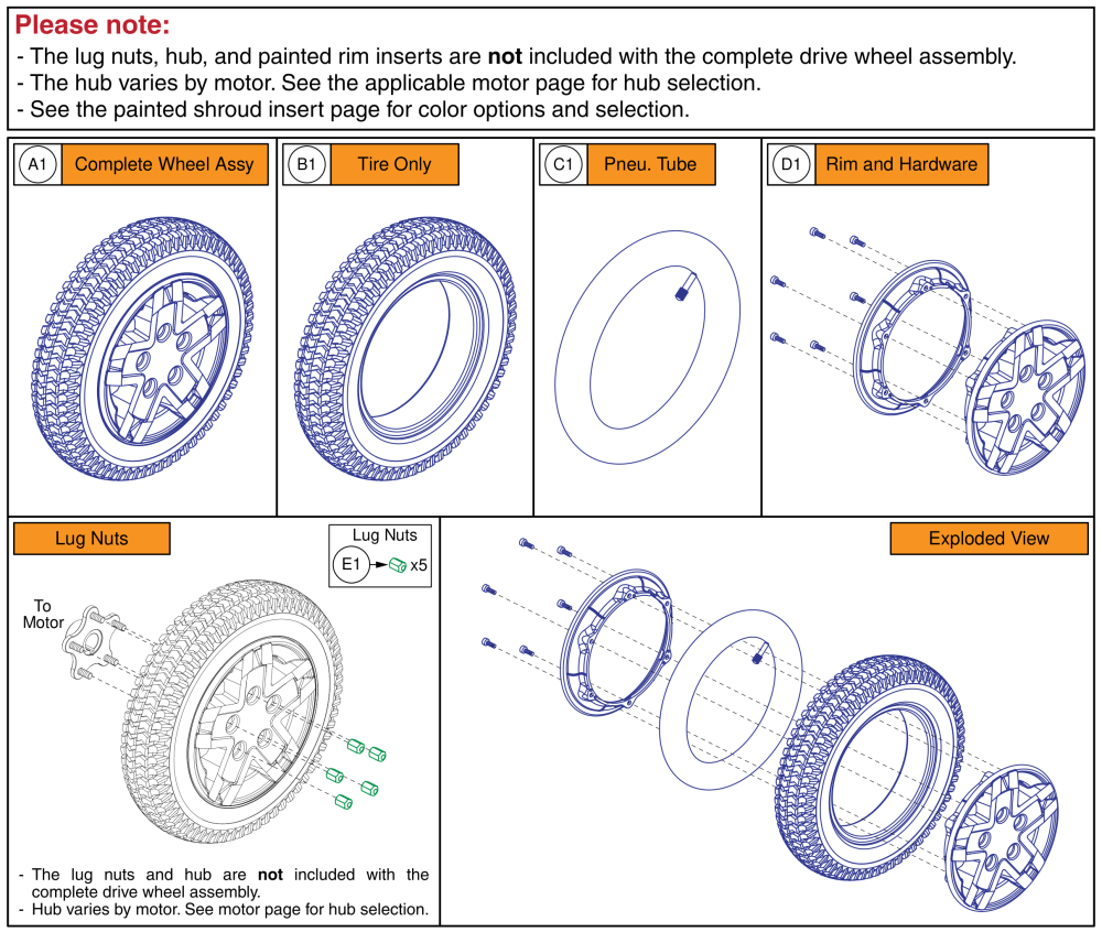 Pneumatic Drive Wheel, 5-spoke, Black Rim / Black Tire parts diagram