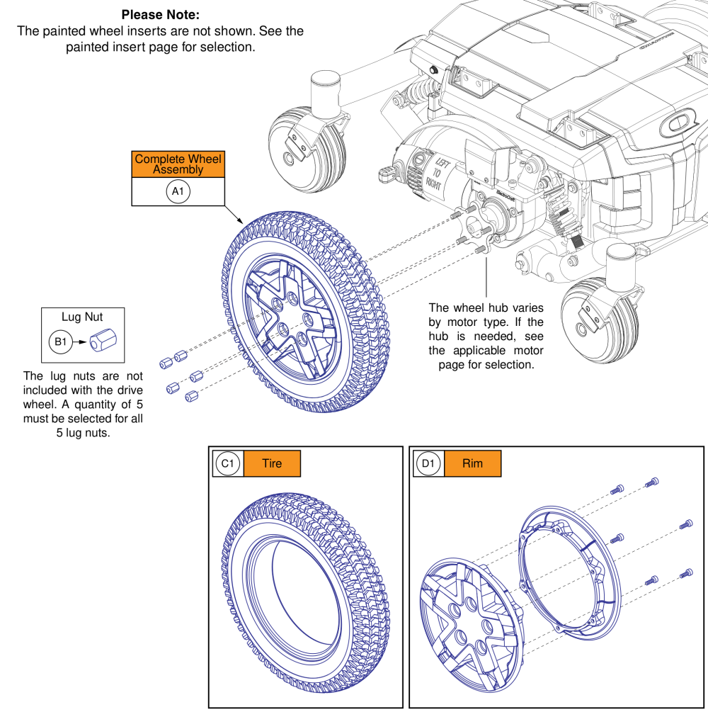 Flat-free Drive Wheel, 5 Spoke Silver Rim/charcoal Tire W/ Color Rim Insert parts diagram