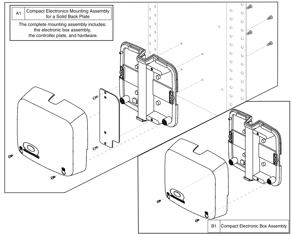 Electronics Box - Compact, Solid Back, Pediatric Tilt parts diagram