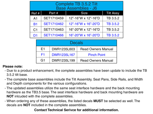 Version 2 (tb3.5) Tilt Base Complete Matrix, J6 parts diagram