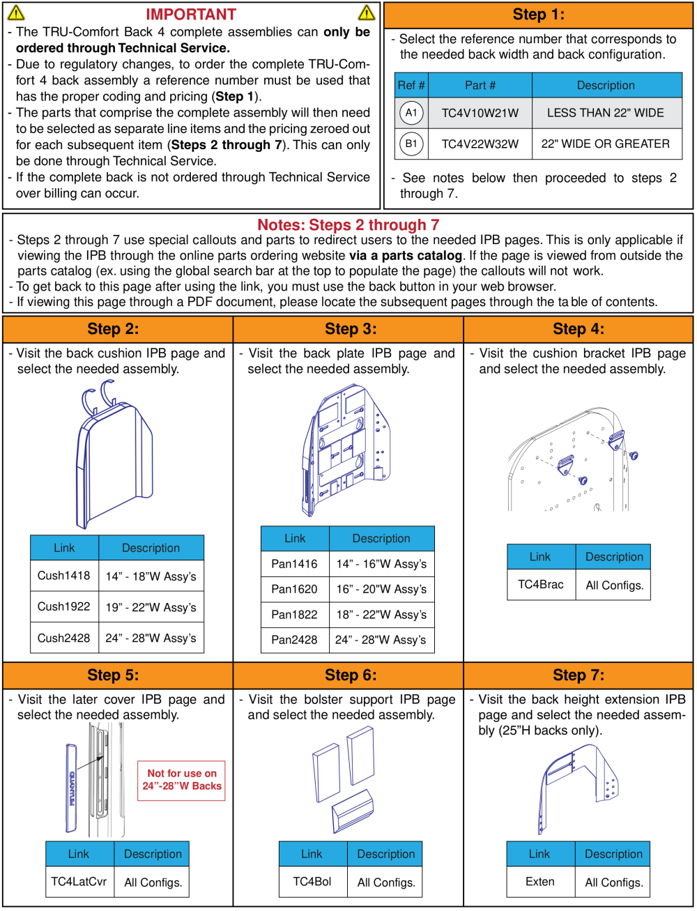 Tru-comfort 4 Complete Back Assemblies, Tb3 Redesigned Back parts diagram
