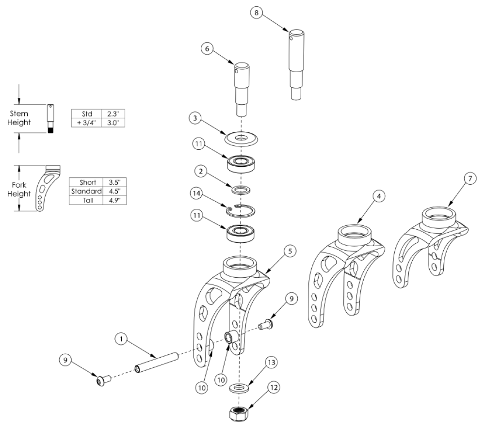 Rogue 10 / Clik Caster Forks And Stems parts diagram