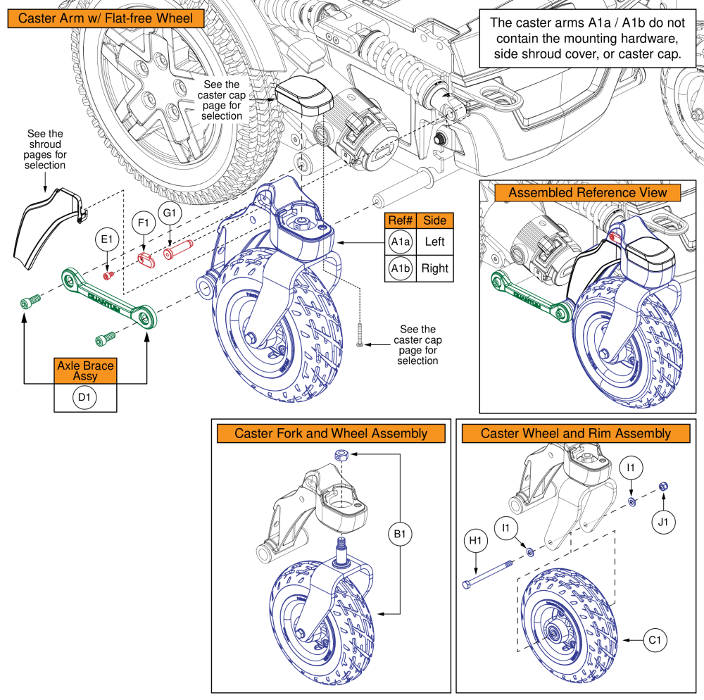 Caster Arm, Fork, And Wheel, Flat-free, R-trak parts diagram