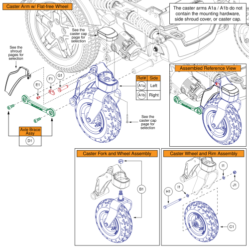 Caster Arm, Fork, And Wheel, Flat-free, R-trak parts diagram