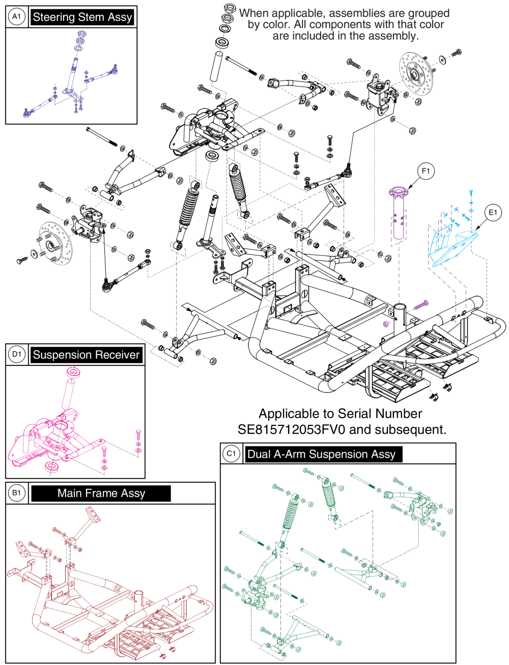 Main Frame Assy, Dual A-arm, Suspension, Seat Post, And Bearings.  (s/n Se815712053fv0 And Sub.), Pursuit Xl - S714 parts diagram