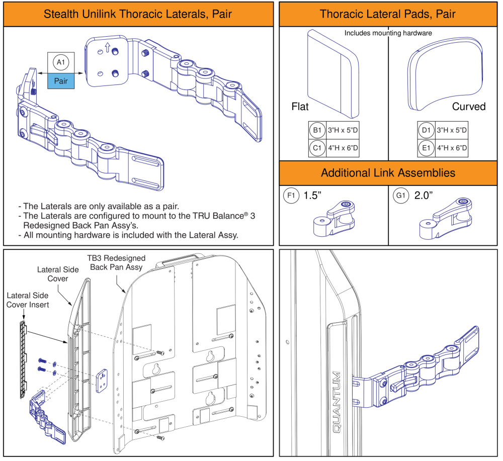 Stealth Unilink Thoracic Laterals, Tru Balance 3® Redesigned Back parts diagram