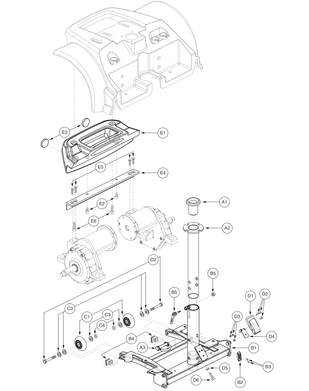 Z-chair Vsi Rear Frame Assy W/ Seat Post, Bumper, And Anti-tip Assy parts diagram