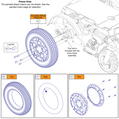 14x3 Pneumatic Drive Wheel, Black Rim/black Tire, R-trak parts diagram