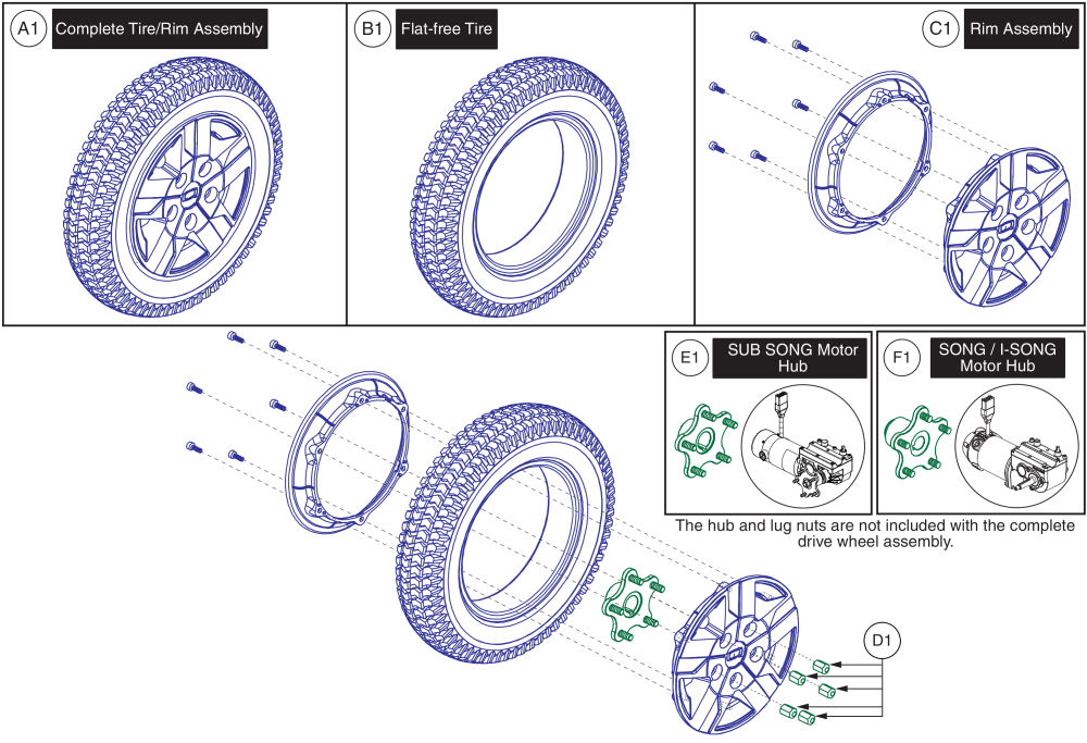 Drive Wheel - Flat-free, 5 Spoke Titanium Rim/black Tire, J4 parts diagram