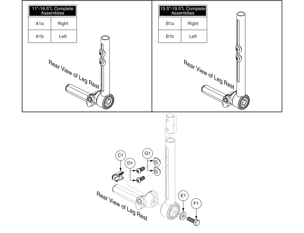 Style #8 Multi-axis Lower Legrests, Short (used With 4 & 5 Inch Wide Footplates) parts diagram