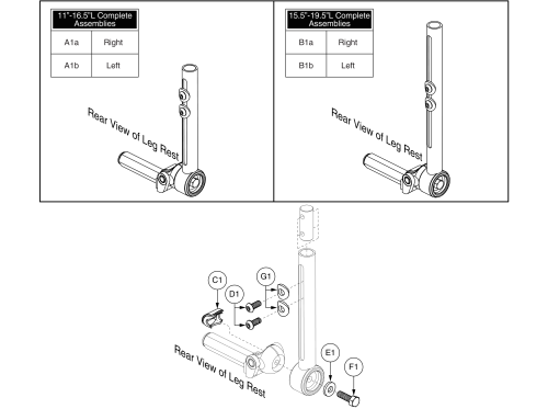 Style #8 Multi-axis Lower Legrests, Short (used With 4 & 5 Inch Wide Footplates) parts diagram