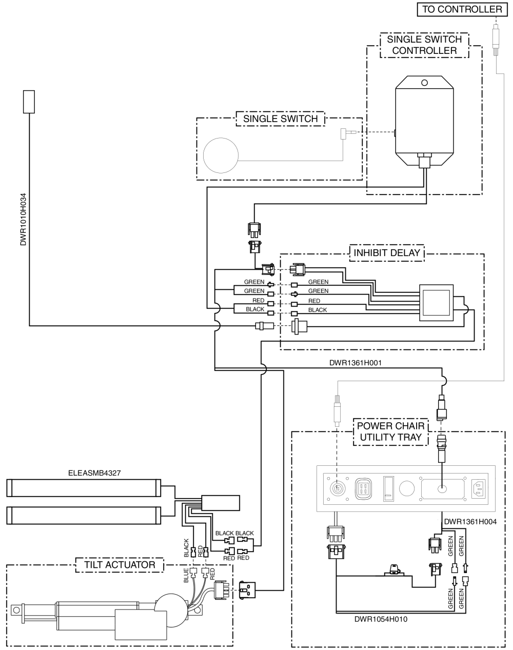 Electrical Diagram - Tilt Thru Single Switch W/ Manual Recline, Remote Plus / Vsi, Off-board Charger, Gen 1 parts diagram