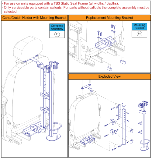 Cane / Crutch Holder, Q-captains Seat W/ Tb3 Static Seat Frame parts diagram