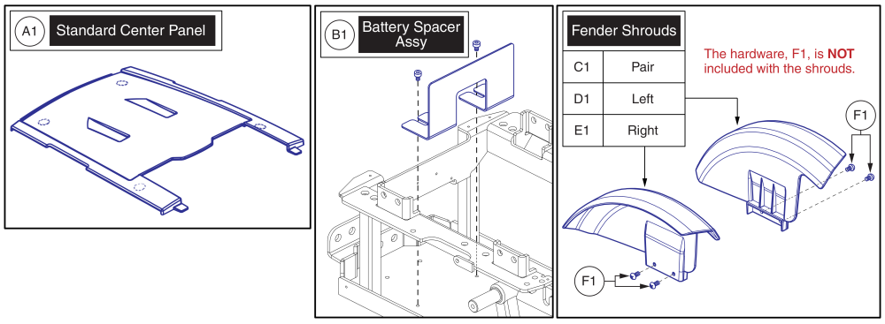 Center Panel, Fenders, & Battery Spacer, J4hd parts diagram