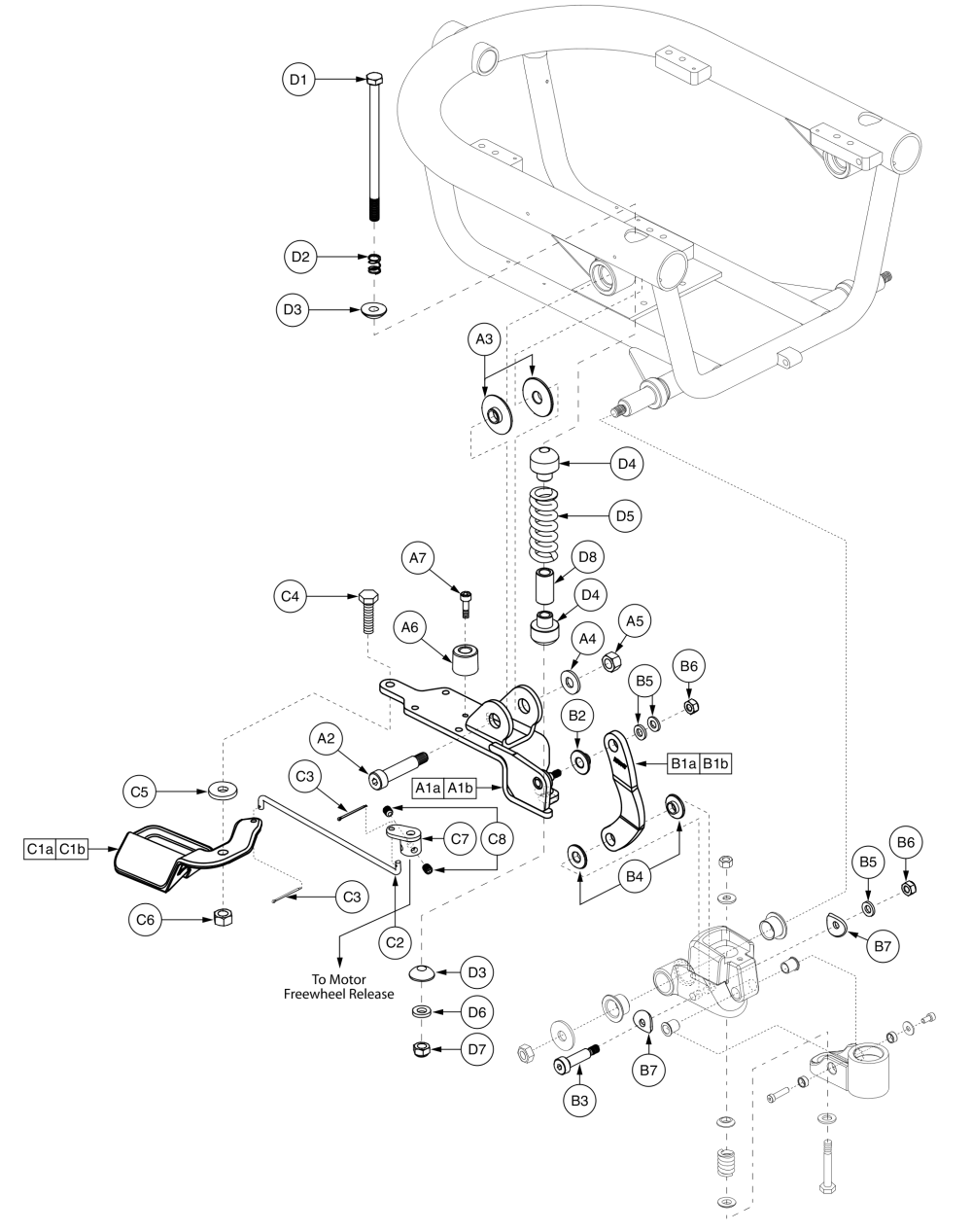 Active Trac, Motor Mount, Freewheel Lever, & Caster Arm Assembly, Jazzy 610 parts diagram