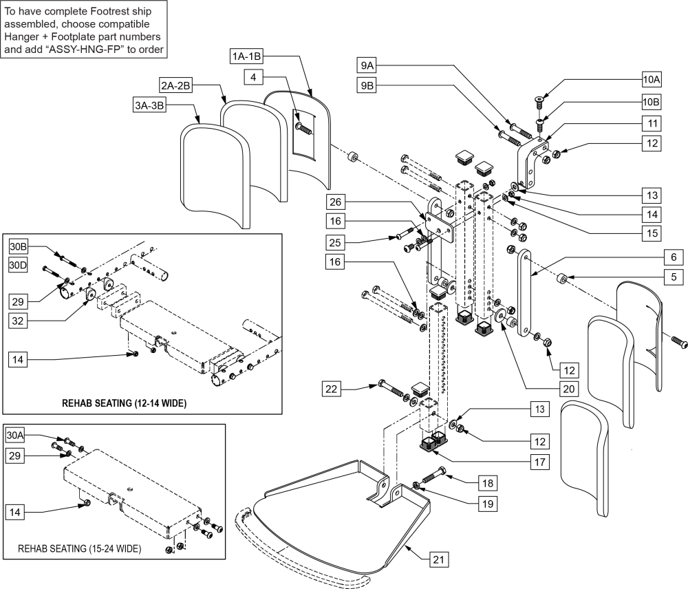 Center Mount Footrest (rehab & Power Recline) parts diagram