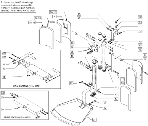 Center Mount Footrest (rehab & Power Recline) parts diagram