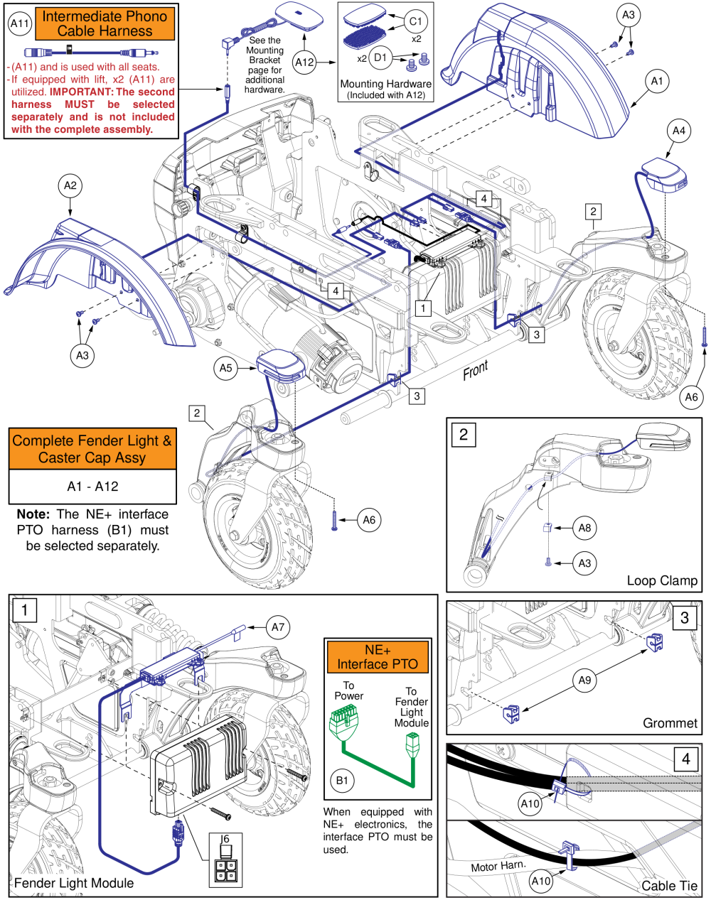 Lighted Fenders & Caster Caps, R-trak parts diagram