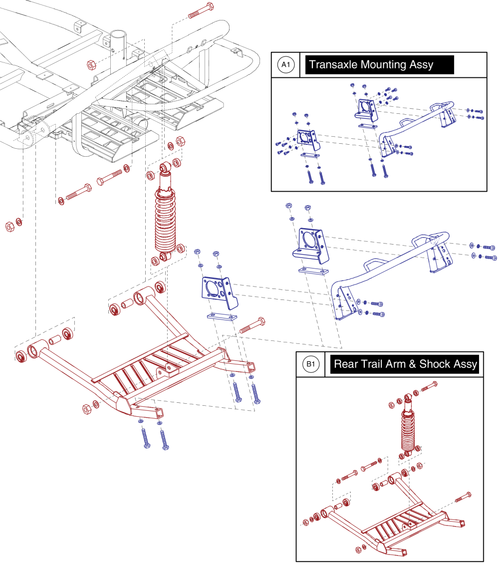 Rear Trail Arm, Shocks, And Transaxle Mounting Assy, Pursuit Xl - S714 parts diagram