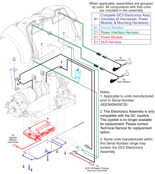 Gc Power Module, Circuit Breaker, Power & Xlr Harnesses. (prior To S/n J9325608459c30) Jazzy Select Traveller parts diagram