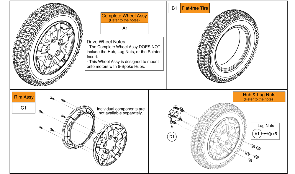 Flat-free Drive Wheel, 5 Spoke Black Rim / Black Tire, 4front parts diagram