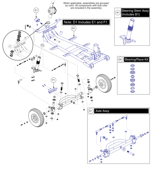 Front Frame, Bumper, Tiller Knob / Spring / Screw, 4 Wheel, Gogo Sport parts diagram