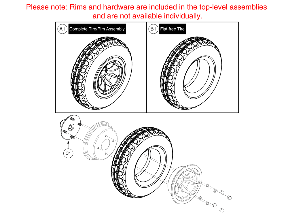 Flat-free Drive Wheel Assy - 4 Spoke Black Rim/gray 